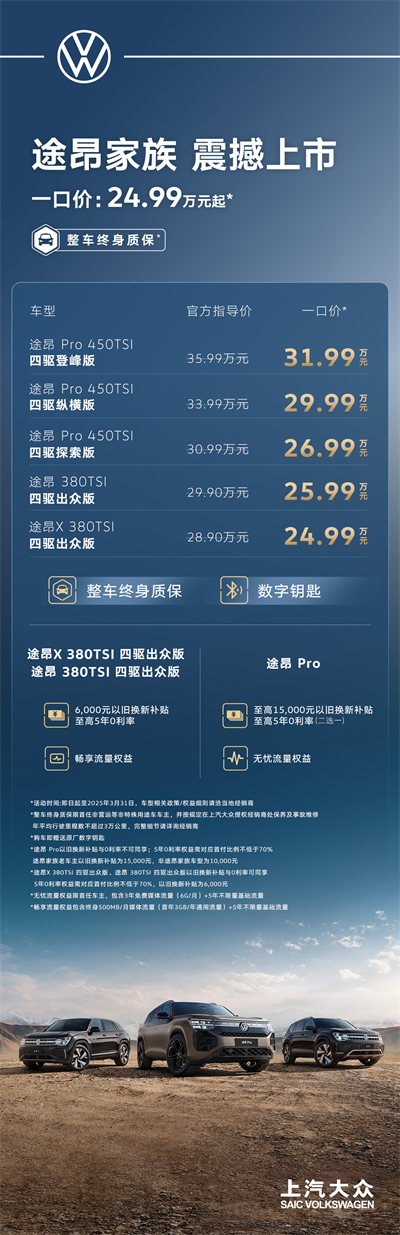 途昂 Pro 一口價(jià)26.99萬(wàn)元起！搭載第五代EA888發(fā)動(dòng)機(jī)，開(kāi)啟全境旅程